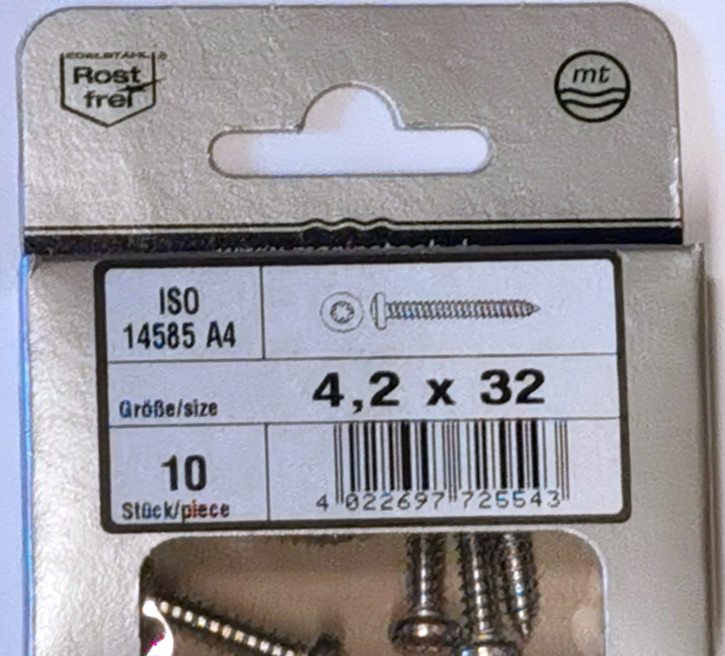 Blisterpack Linsenkopfblechschraube ISO 14585 A4 4,2x32 TX20 10St.