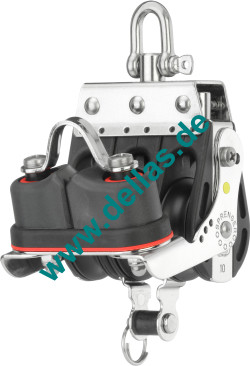 Großschotblock, 3 Rollen, Hundsfott, Schotklemme und Wirbel